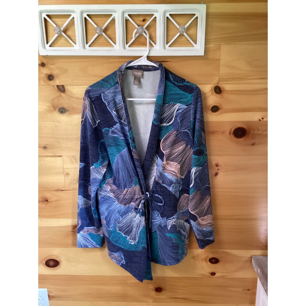 Chicos Women Blue Floral Wrap Cardigan Tie Front Long Sleeve Knit Size M